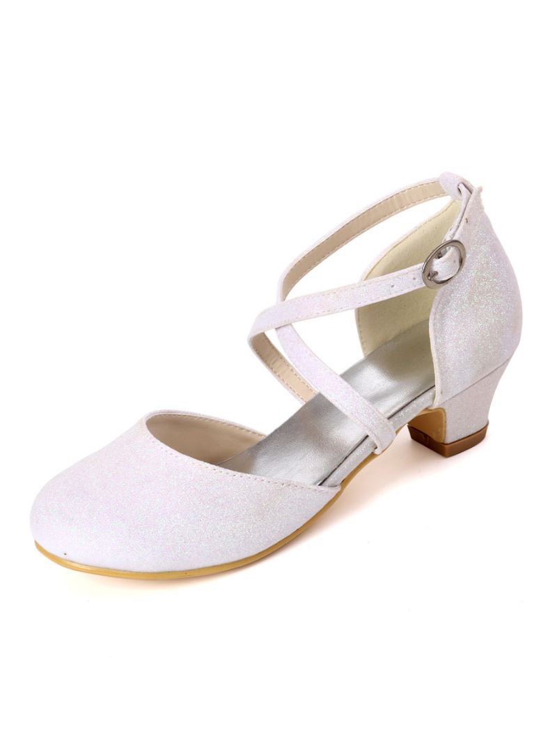 Flickor Glitter Cross Strap Kitten Heel Flower Girl Skor - Vit