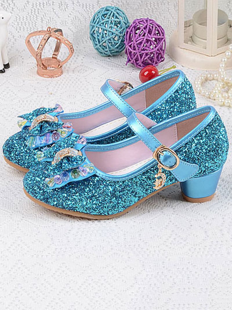 Flower Girl Skor Glitter Bow Mary Jane Chunky Heel Pumps