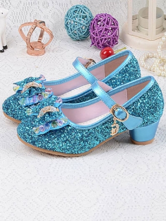 Flower Girl Skor Glitter Bow Mary Jane Chunky Heel Pumps