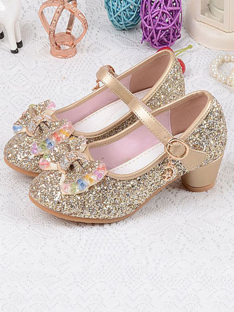 Flower Girl Skor Glitter Bow Mary Jane Chunky Heel Pumps - Guld