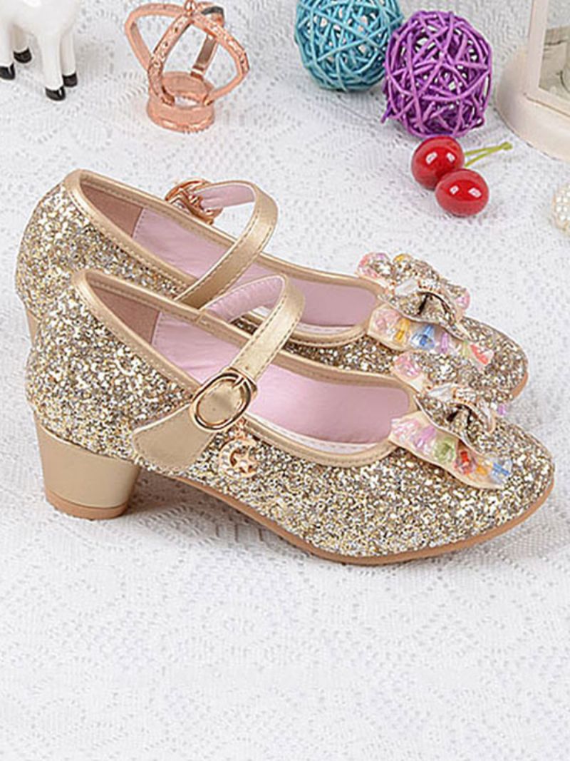 Flower Girl Skor Glitter Bow Mary Jane Chunky Heel Pumps - Guld