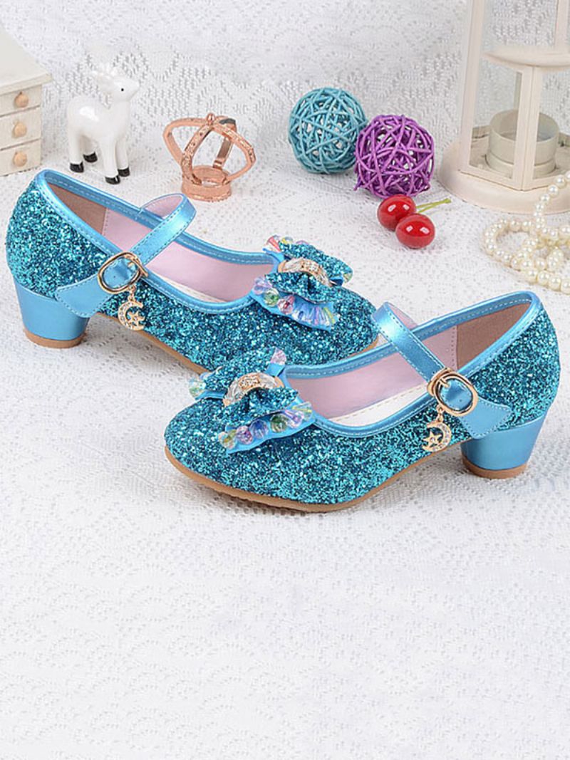 Flower Girl Skor Glitter Bow Mary Jane Chunky Heel Pumps - Ljus Himmelsblå