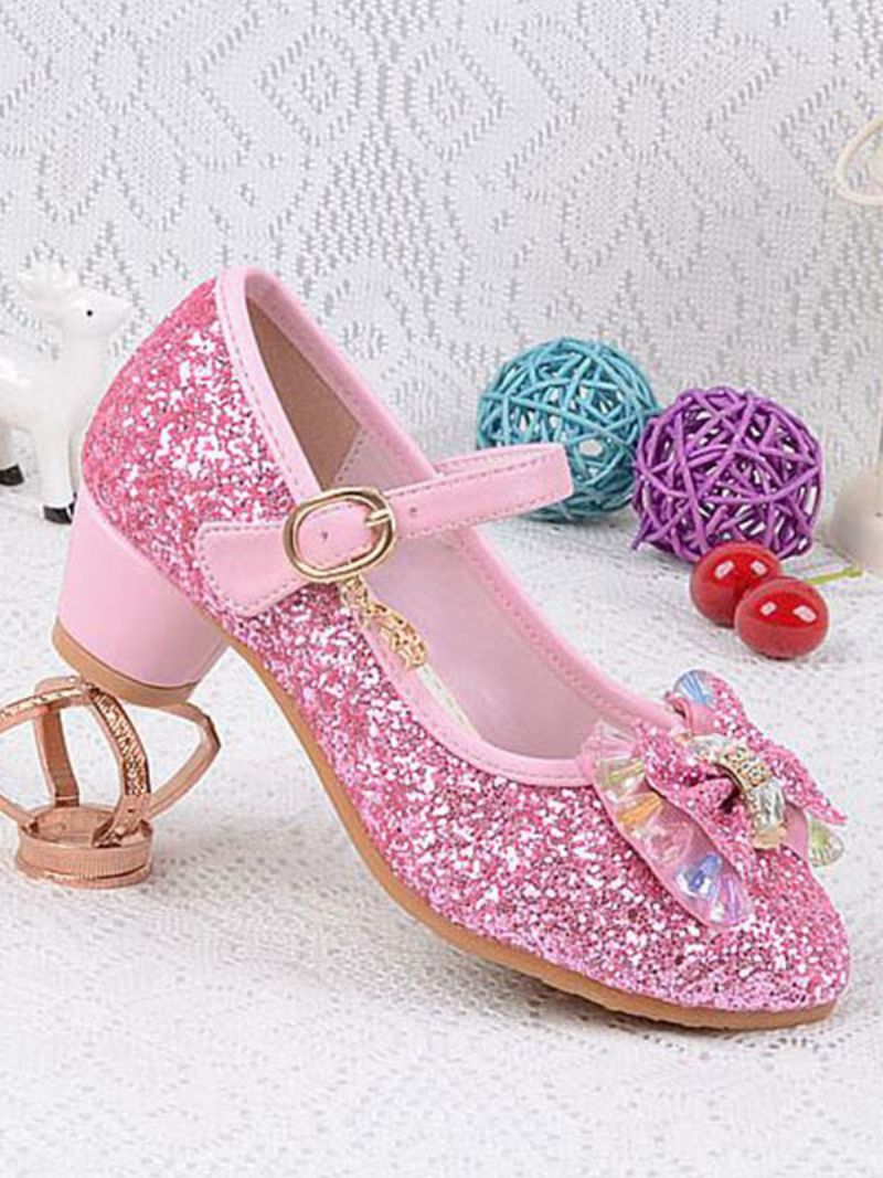 Flower Girl Skor Glitter Bow Mary Jane Chunky Heel Pumps - Rosa