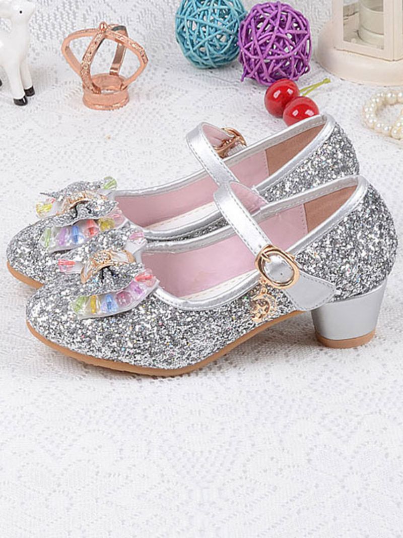 Flower Girl Skor Glitter Bow Mary Jane Chunky Heel Pumps - Silver