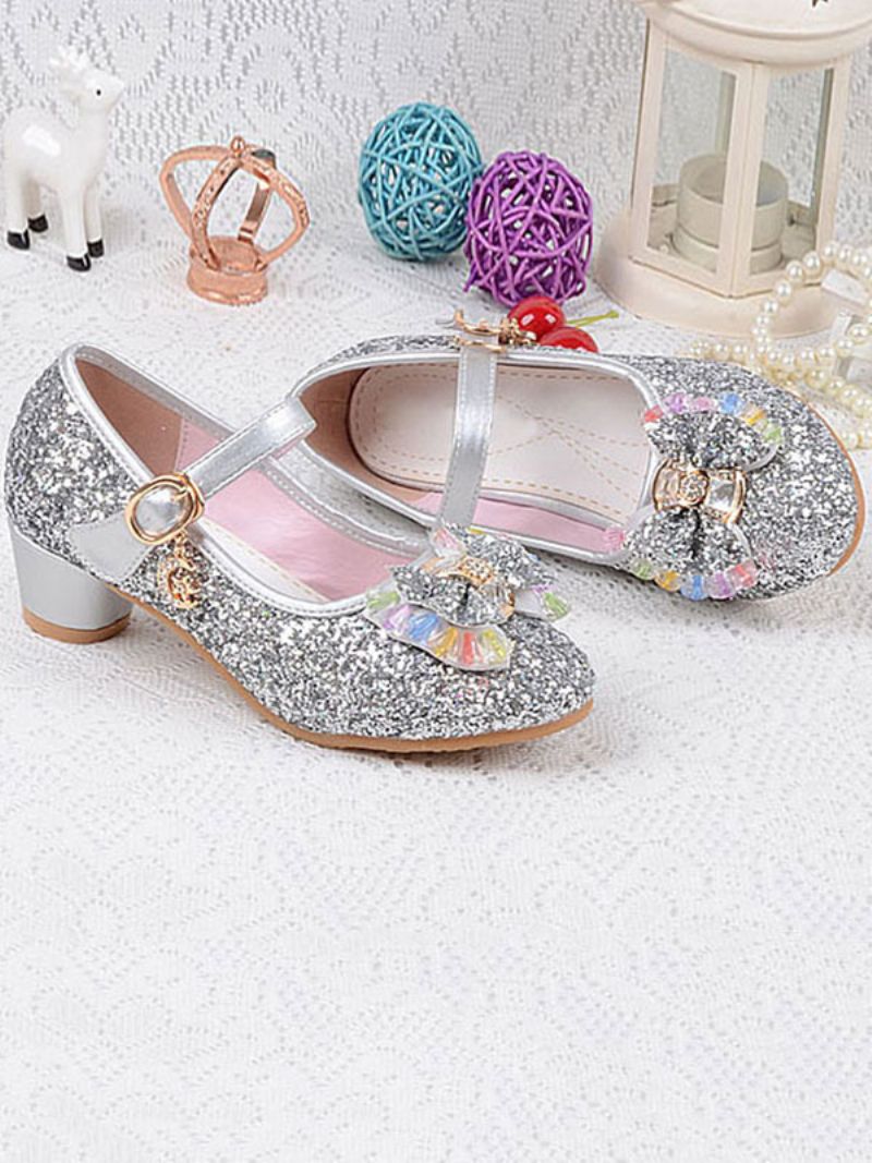 Flower Girl Skor Glitter Bow Mary Jane Chunky Heel Pumps - Silver