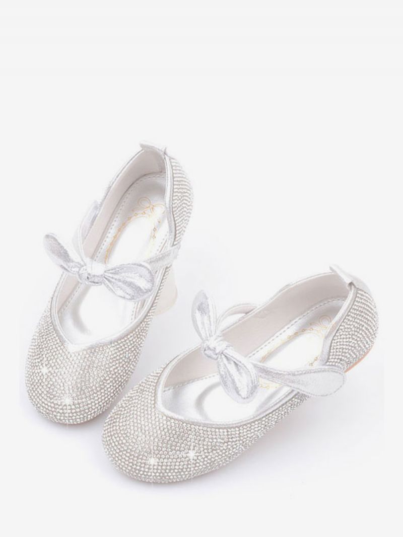 Flower Girl Skor Rhinestones Bowknot Platta - Silver