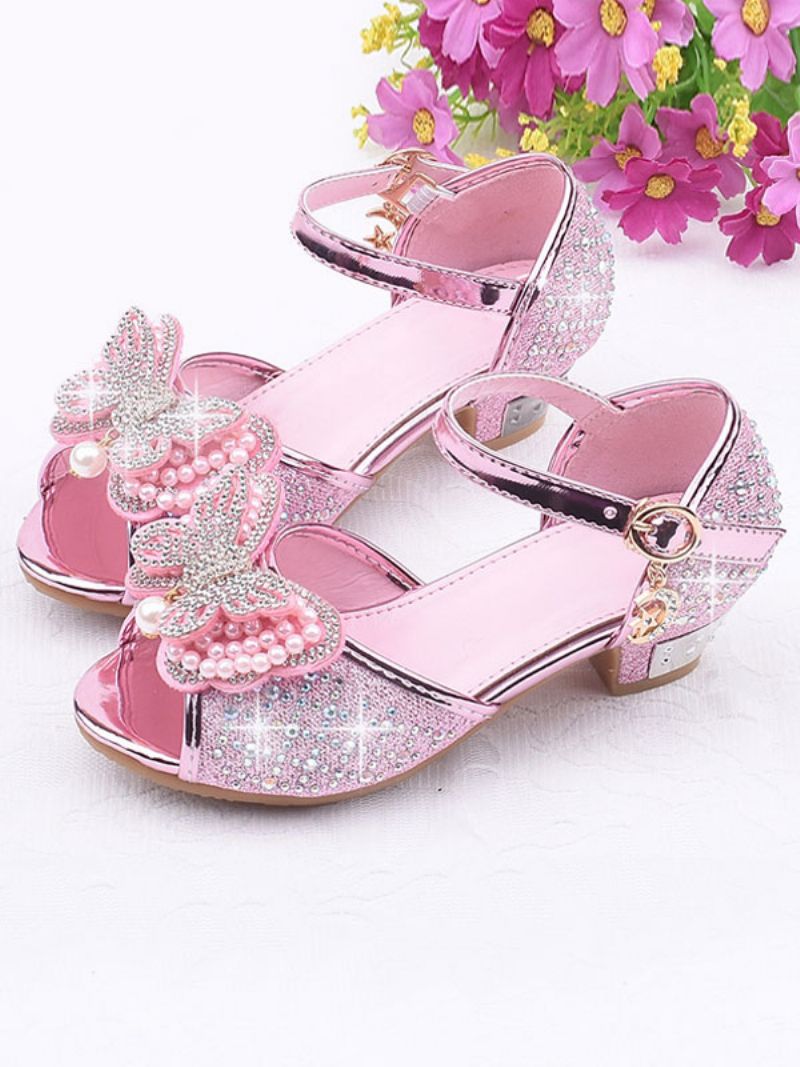 Flower Girl Skor Rhinestones Butterfly Mary Jane Sandaler Med Låg Klack - Rosa