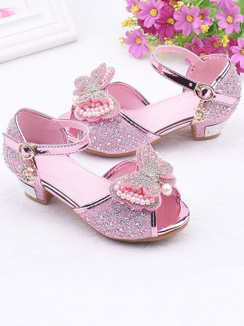 Flower Girl Skor Rhinestones Butterfly Mary Jane Sandaler Med Låg Klack - Rosa