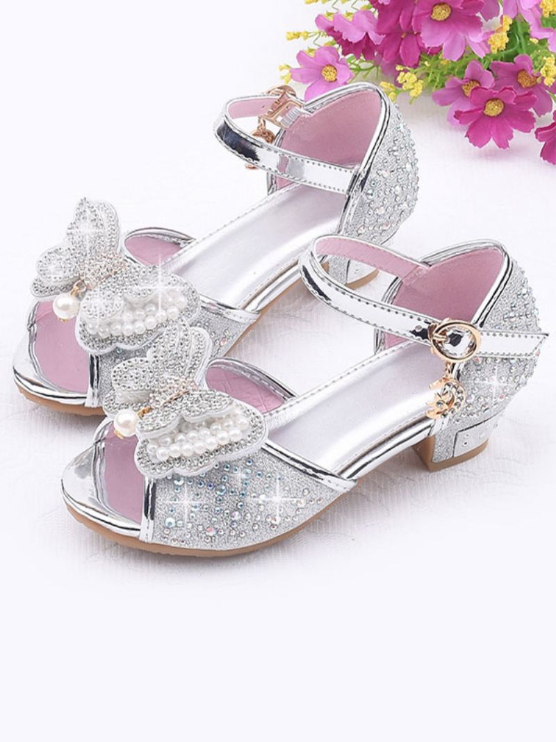 Flower Girl Skor Rhinestones Butterfly Mary Jane Sandaler Med Låg Klack - Silver