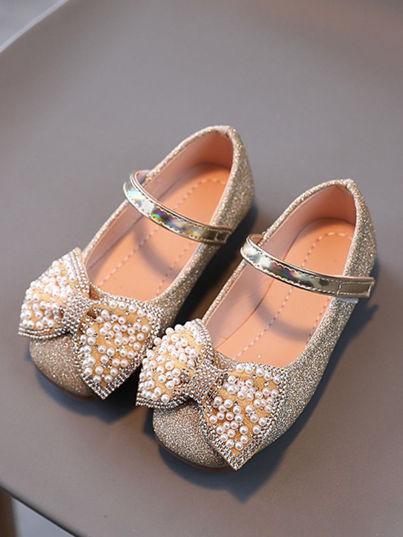 Flower Girl Skor Silver Sequined Tyg Rosett Party För Barn - Guld