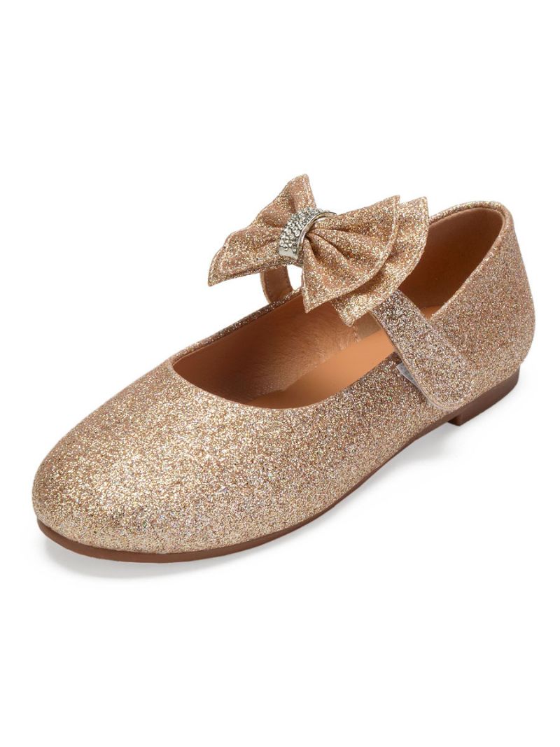 Girls Bow Mary Jane Flat Flower Girl Skor - Champagne