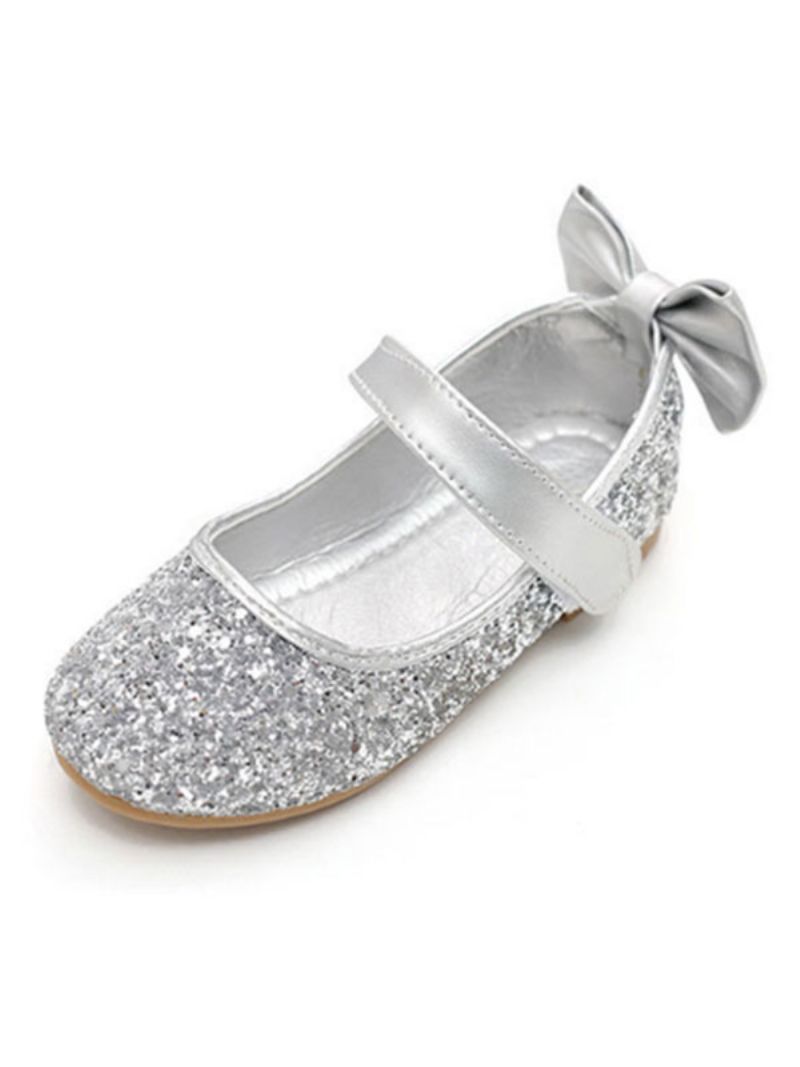 Glitter Bow Bröllop Flower Girl Skor - Silver