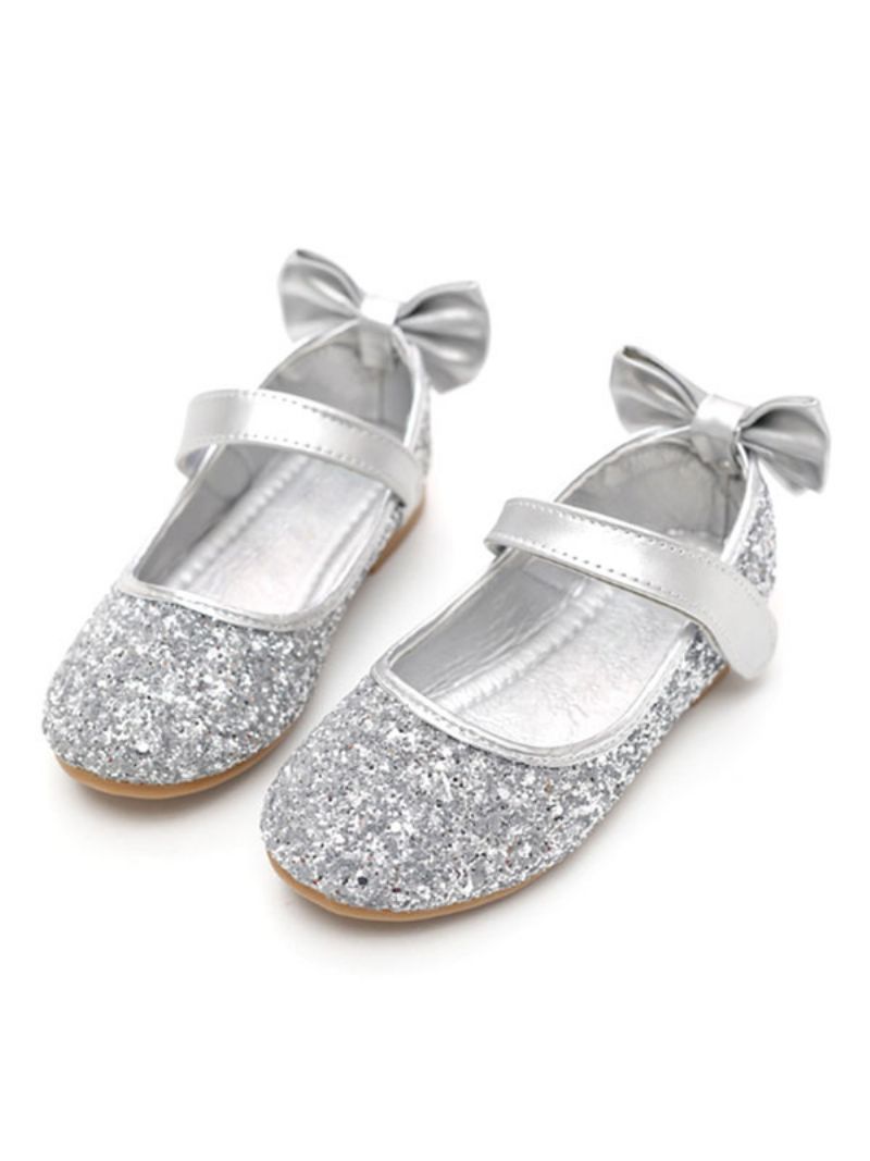 Glitter Bow Bröllop Flower Girl Skor - Silver