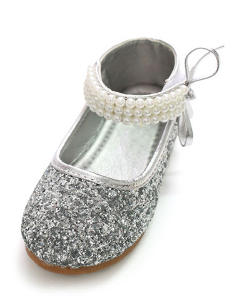 Glitter Rund Toe Pärlor Ankelrem Bröllop Flower Girl Skor - Silver