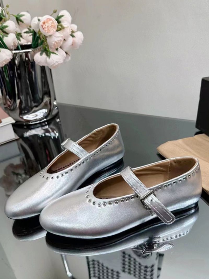 Dam Ballerina Platta Skor Silver Rund Toe Mary Jane - Silver