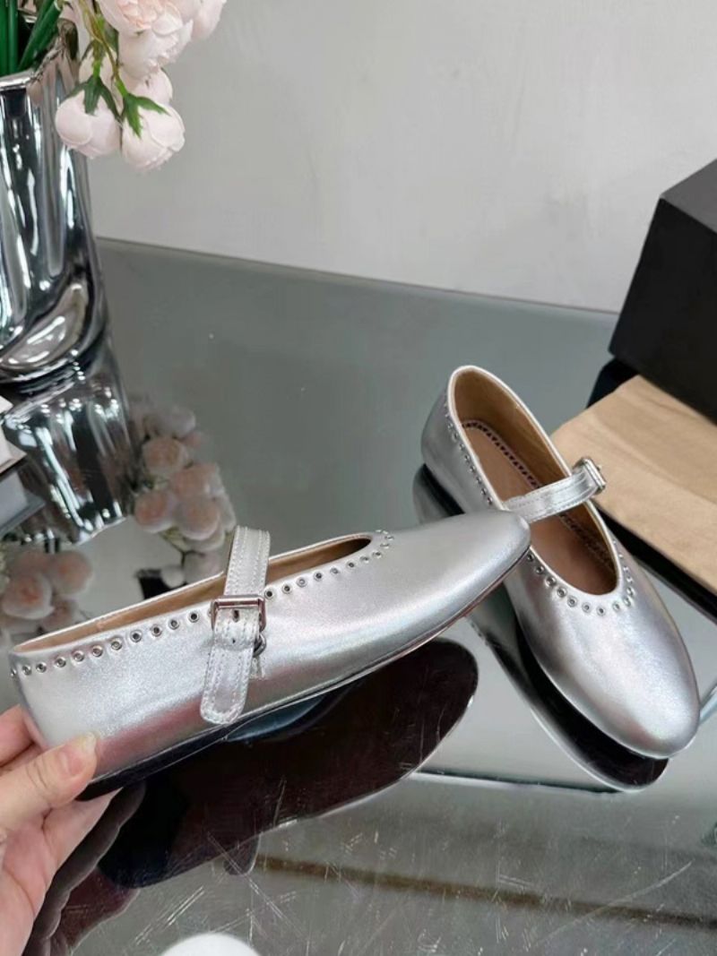 Dam Ballerina Platta Skor Silver Rund Toe Mary Jane - Silver