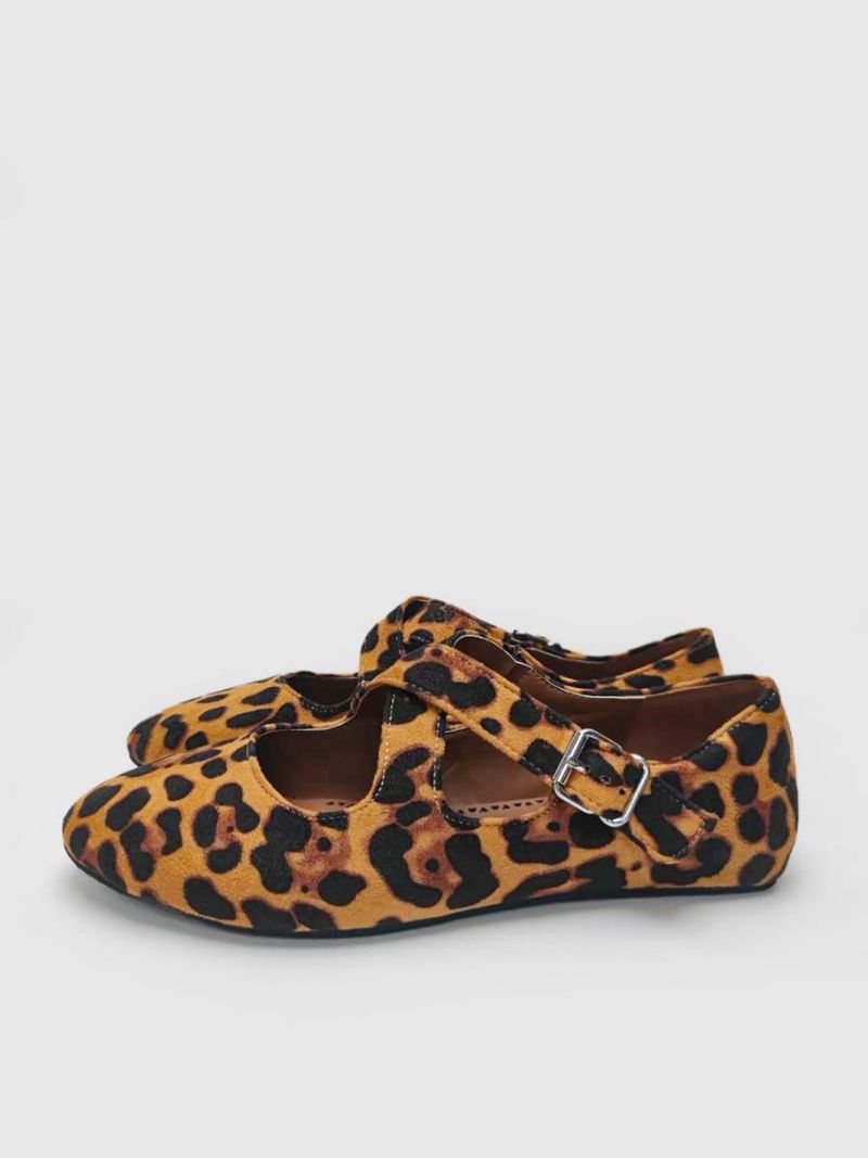 Dam Ballreina Platta Skor Leopard Rund Toe Criss Cross Balett - Kaffe Brun