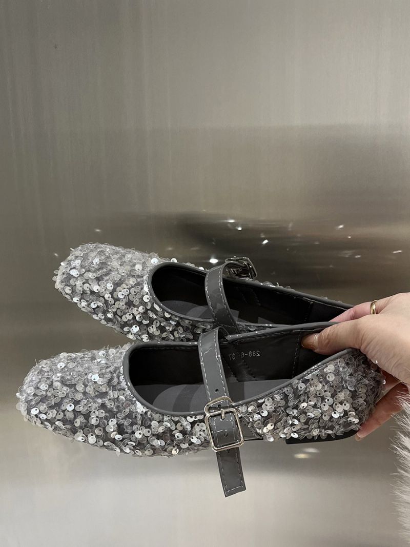 Dam Glitter Ballerina Platta Skor Square Toe Mary Jane Party