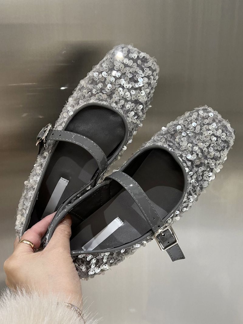 Dam Glitter Ballerina Platta Skor Square Toe Mary Jane Party - Silver