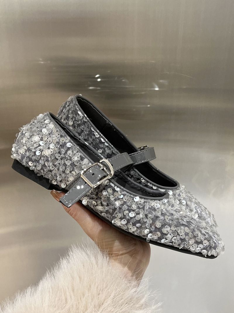 Dam Glitter Ballerina Platta Skor Square Toe Mary Jane Party - Silver