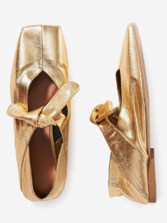 Dam Guld Balett Platta Skor Square Toe Metallic Knotted Detail