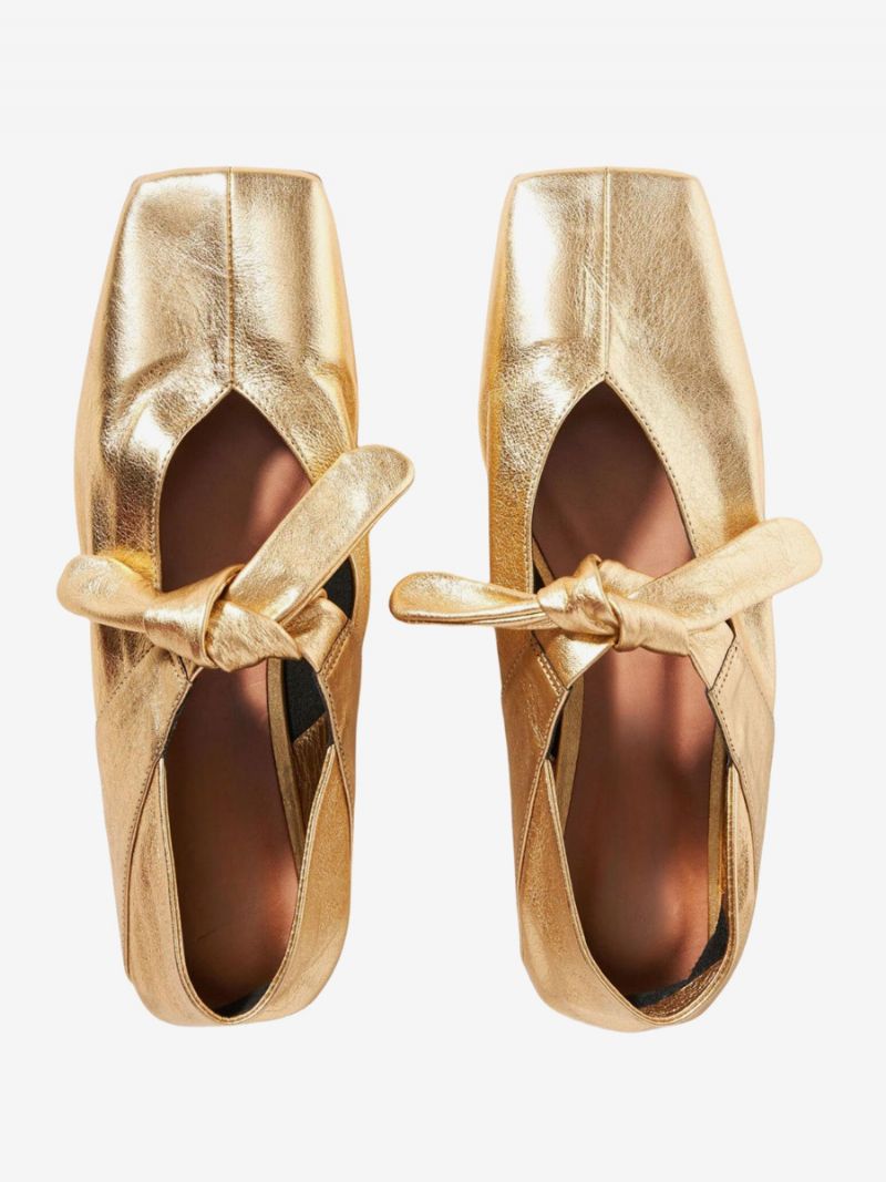 Dam Guld Balett Platta Skor Square Toe Metallic Knotted Detail - Guld