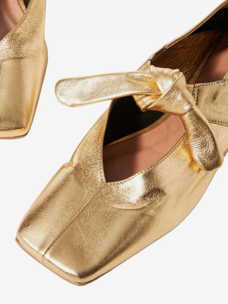 Dam Guld Balett Platta Skor Square Toe Metallic Knotted Detail - Guld