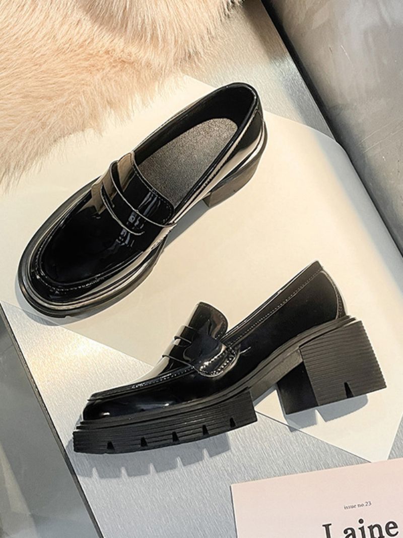 Dam Loafers Svart Rund Tå Chunky Heel Patent Pu Övre - Svart