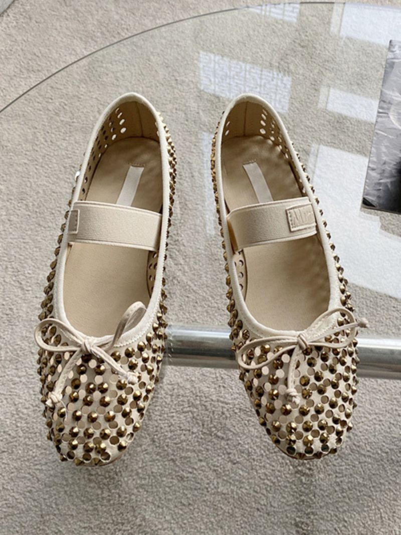 Dam Rhinestones Balett Platta Skor Rund Toe Bow Mary Jane - Guld