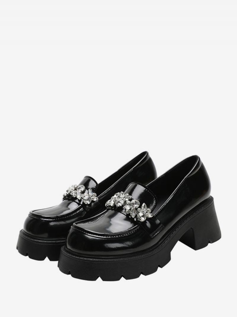 Dam Rhinestones Chunky Heel Pu Läder Loafers Med Strass