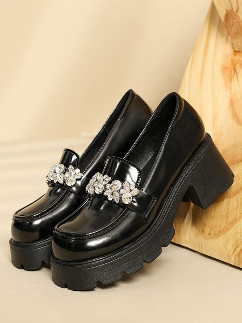 Dam Rhinestones Chunky Heel Pu Läder Loafers Med Strass - Svart