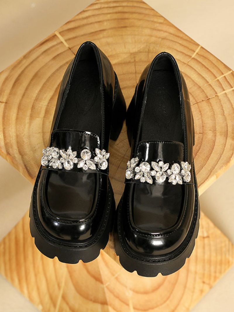 Dam Rhinestones Chunky Heel Pu Läder Loafers Med Strass - Svart