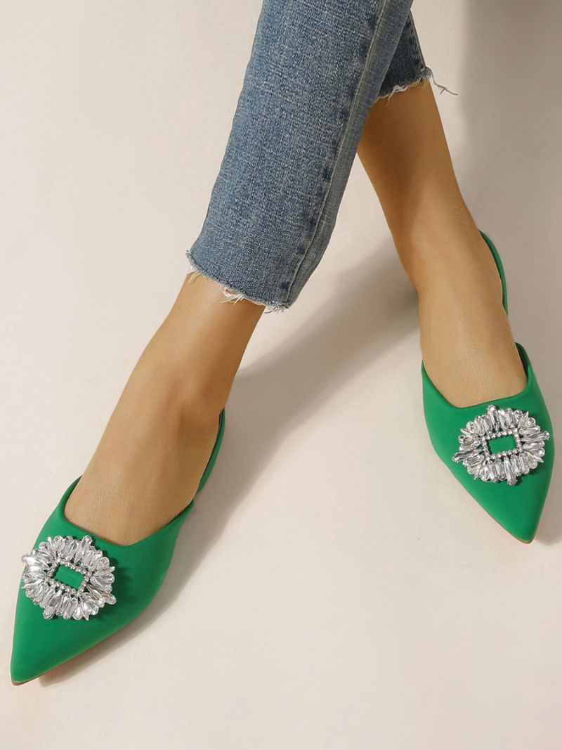 Dam Rhinestones Spetsiga Tå Slingback Platta Skor - Grön