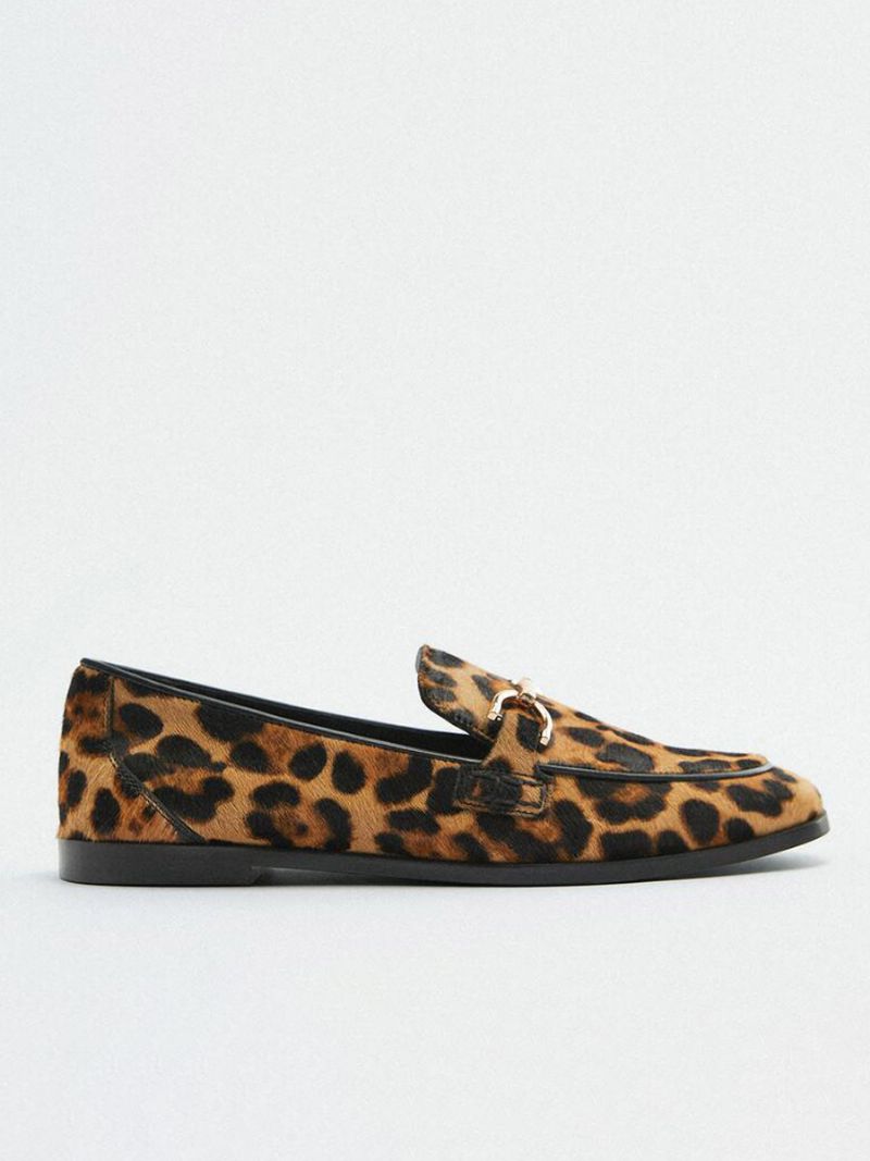 Dammetalldetaljer Leopardtryck Loafers Platt Hästhår - Leopard