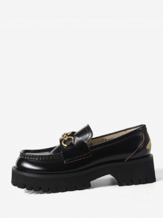 Damsvart Pu-läder Metalldetalj Chunky Heel Loafers