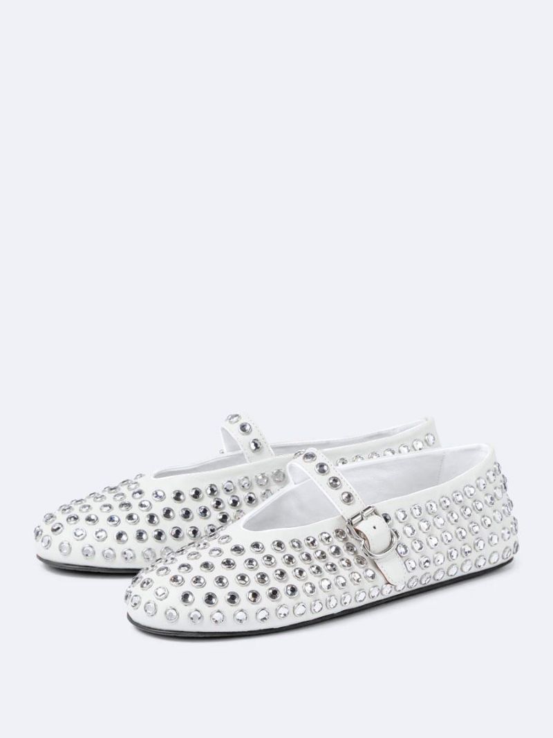 Damsvarta Ballerina Platta Skor Rhinestones Rund Toe Mary Jane Ballet - Vit