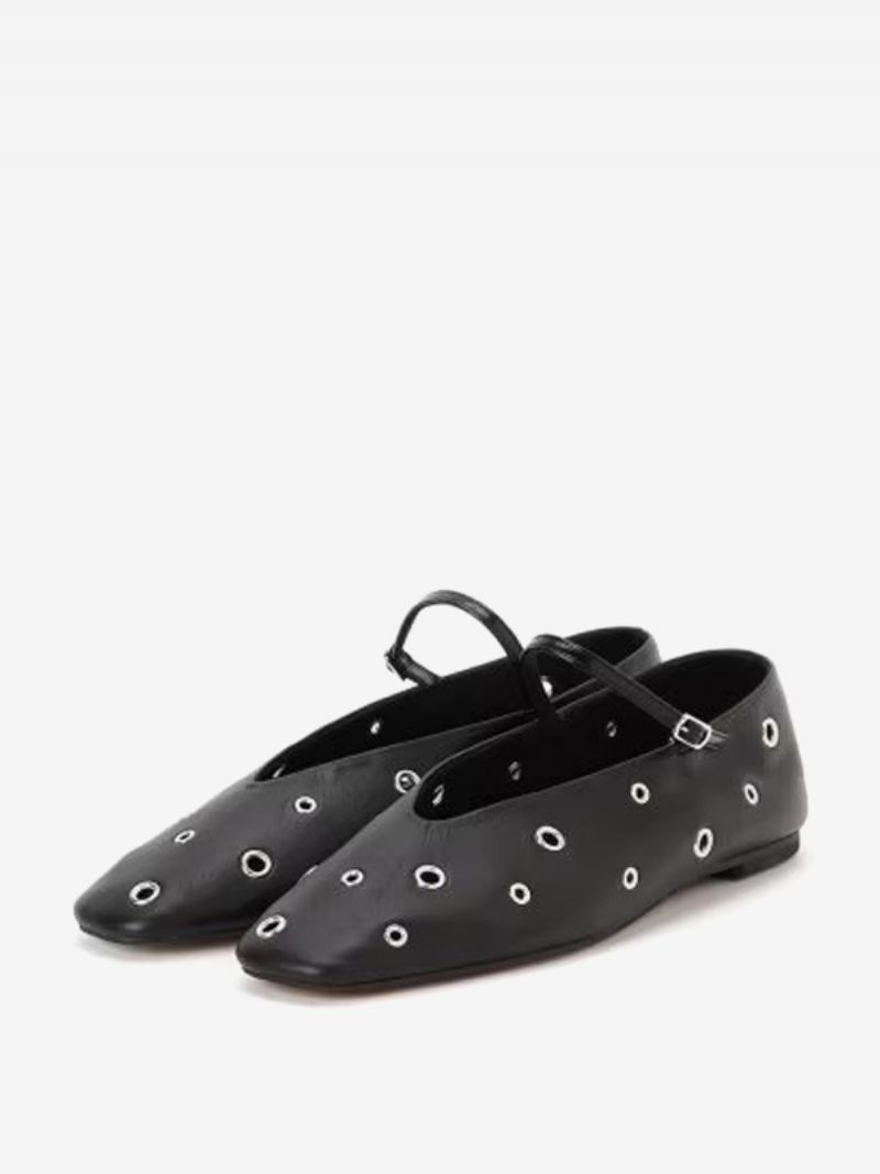 Kvinnors Balett Platta Skor Black Rund Toe Cut Out Spänne Strap