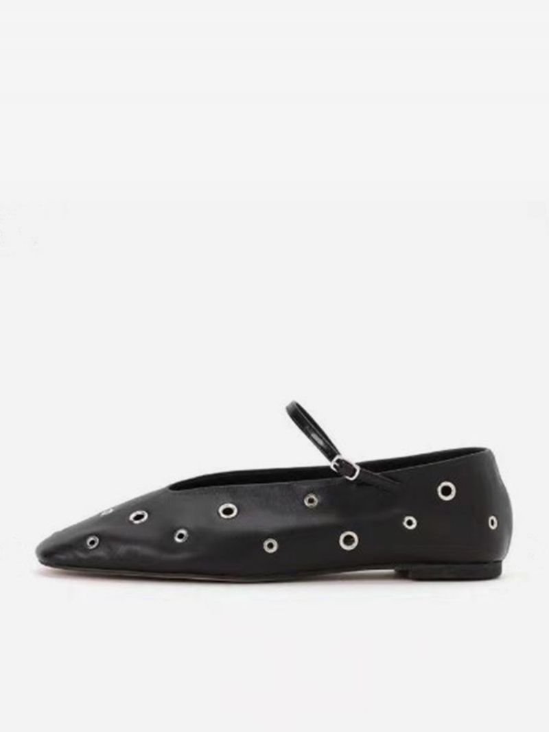 Kvinnors Balett Platta Skor Black Rund Toe Cut Out Spänne Strap - Svart