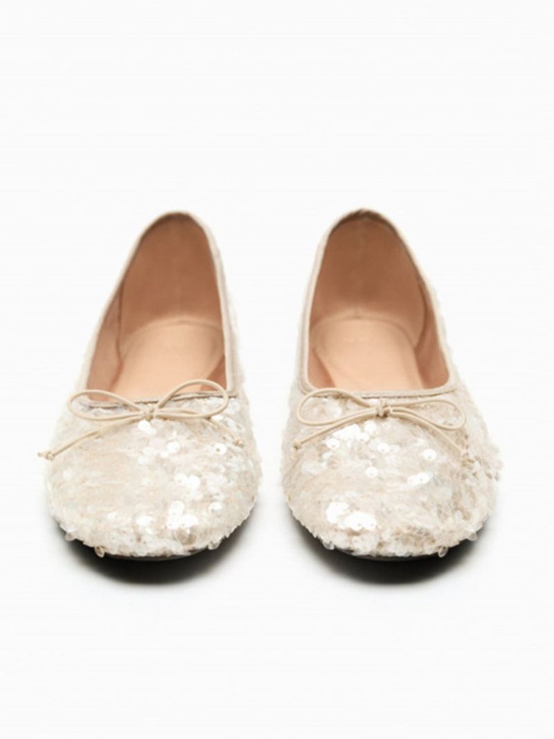 Kvinnors Balett Platta Skor Paljetter Rund Toe Ballerina Flat Party - Beige