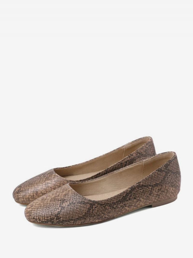 Kvinnors Balett Platta Skor Rund Toe Snake Mönster Slip-on Flat Pumps - Ljusgul