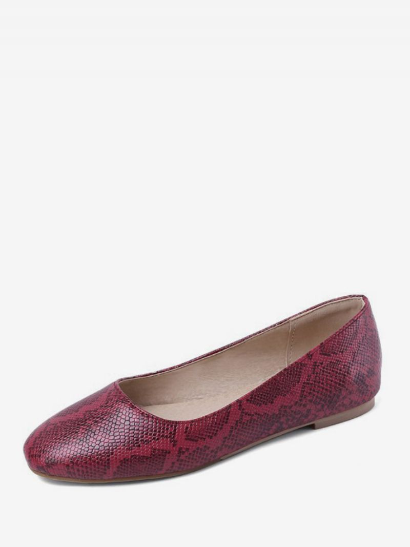 Kvinnors Balett Platta Skor Rund Toe Snake Mönster Slip-on Flat Pumps - Röd