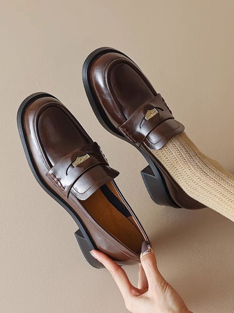 Kvinnors Bruna Loafers Rund Toe Slip-on Penny