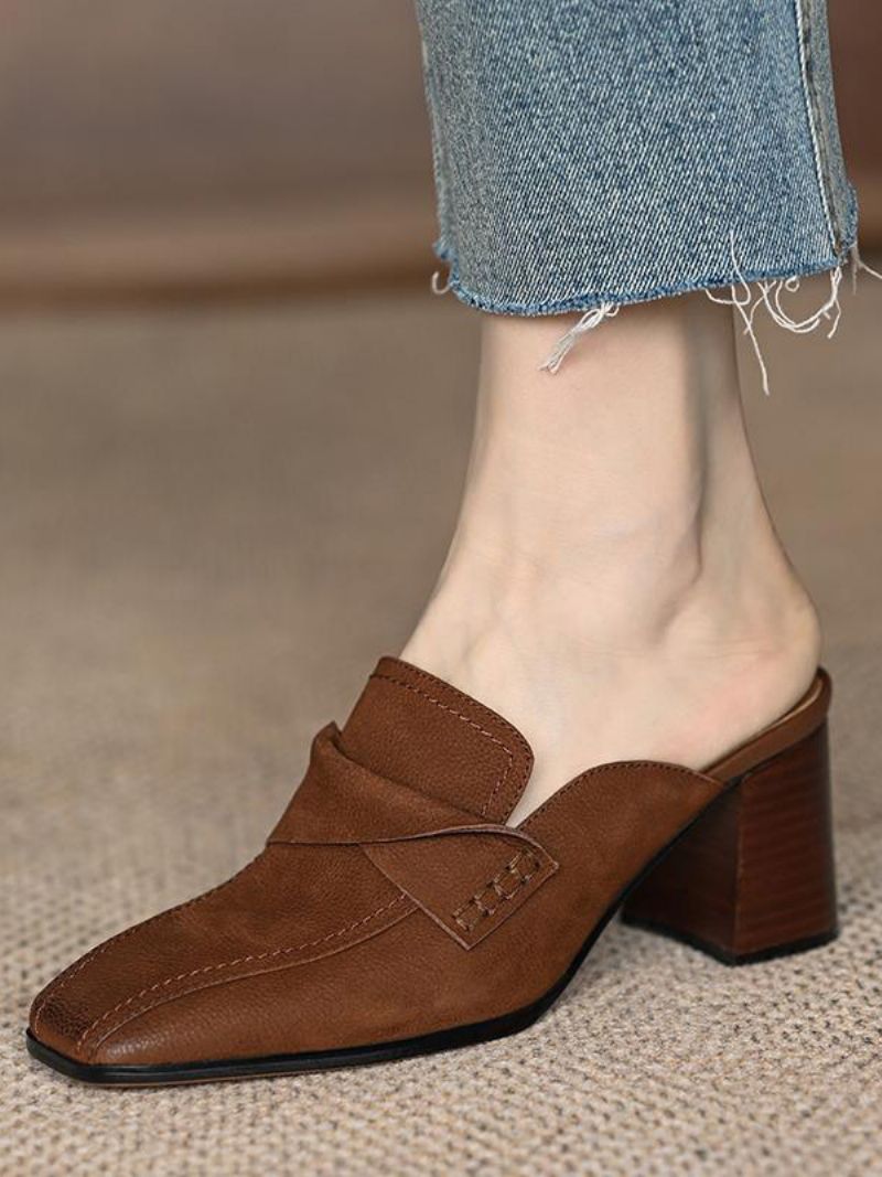 Kvinnors Mule Loafers Chunky Heel Square Toe Backless Mules - Kaffe Brun