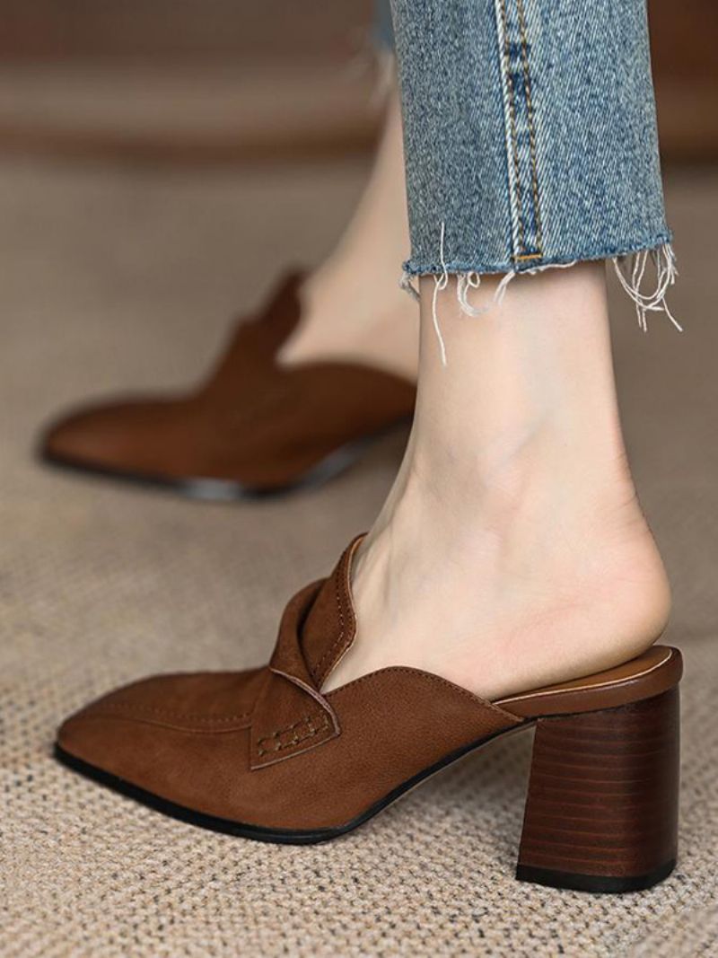 Kvinnors Mule Loafers Chunky Heel Square Toe Backless Mules - Kaffe Brun