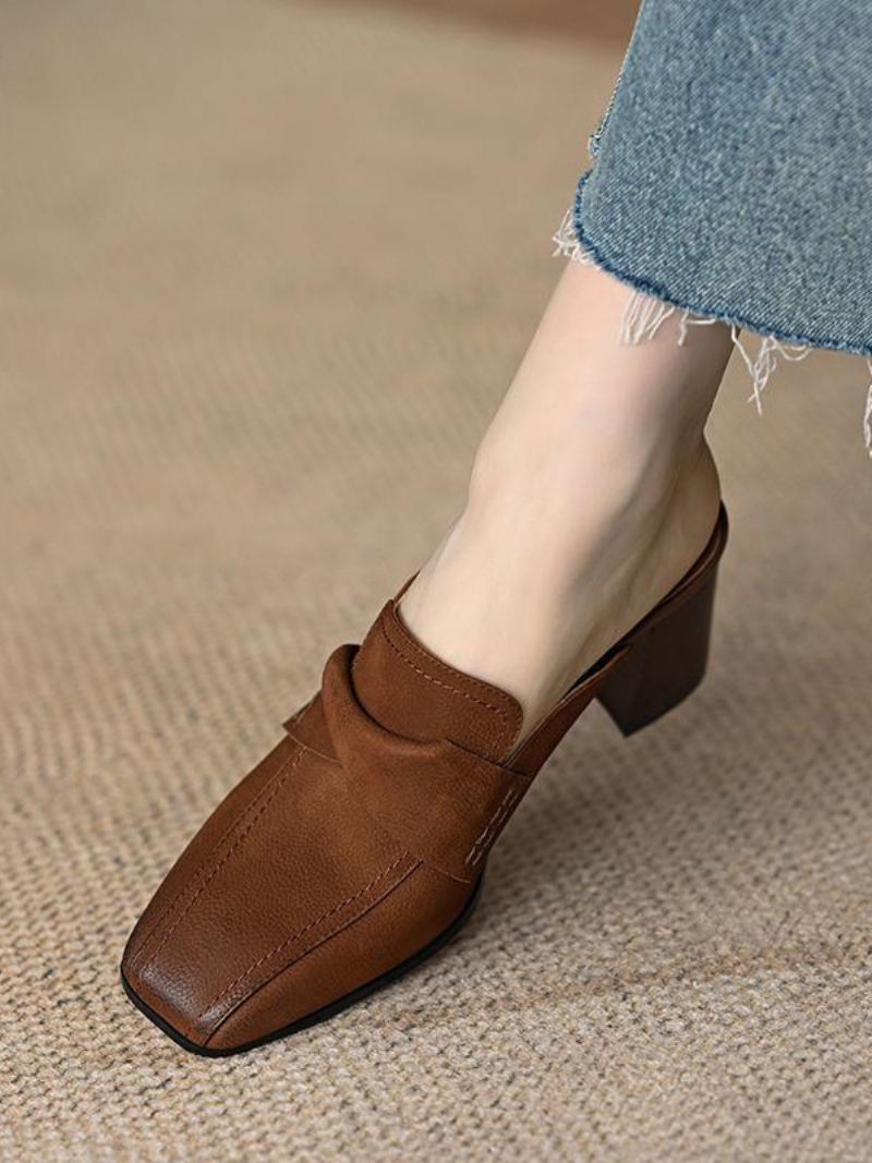 Kvinnors Mule Loafers Chunky Heel Square Toe Backless Mules - Kaffe Brun