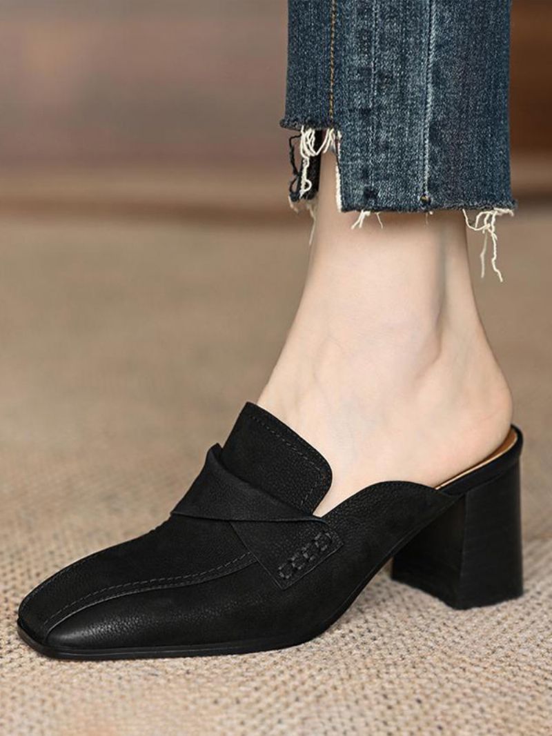 Kvinnors Mule Loafers Chunky Heel Square Toe Backless Mules - Svart