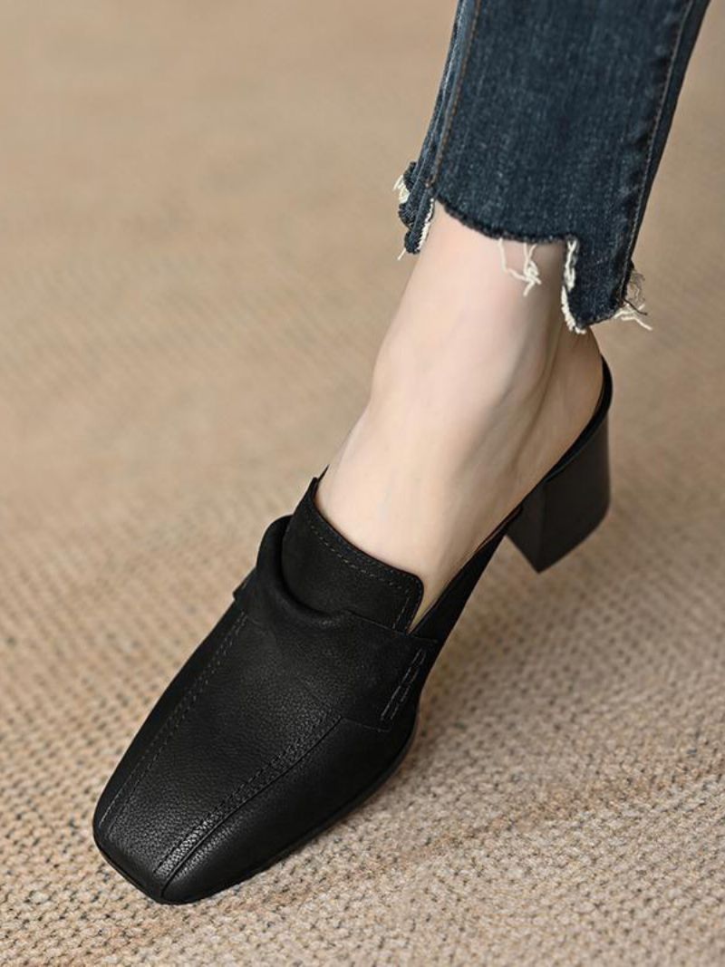 Kvinnors Mule Loafers Chunky Heel Square Toe Backless Mules - Svart