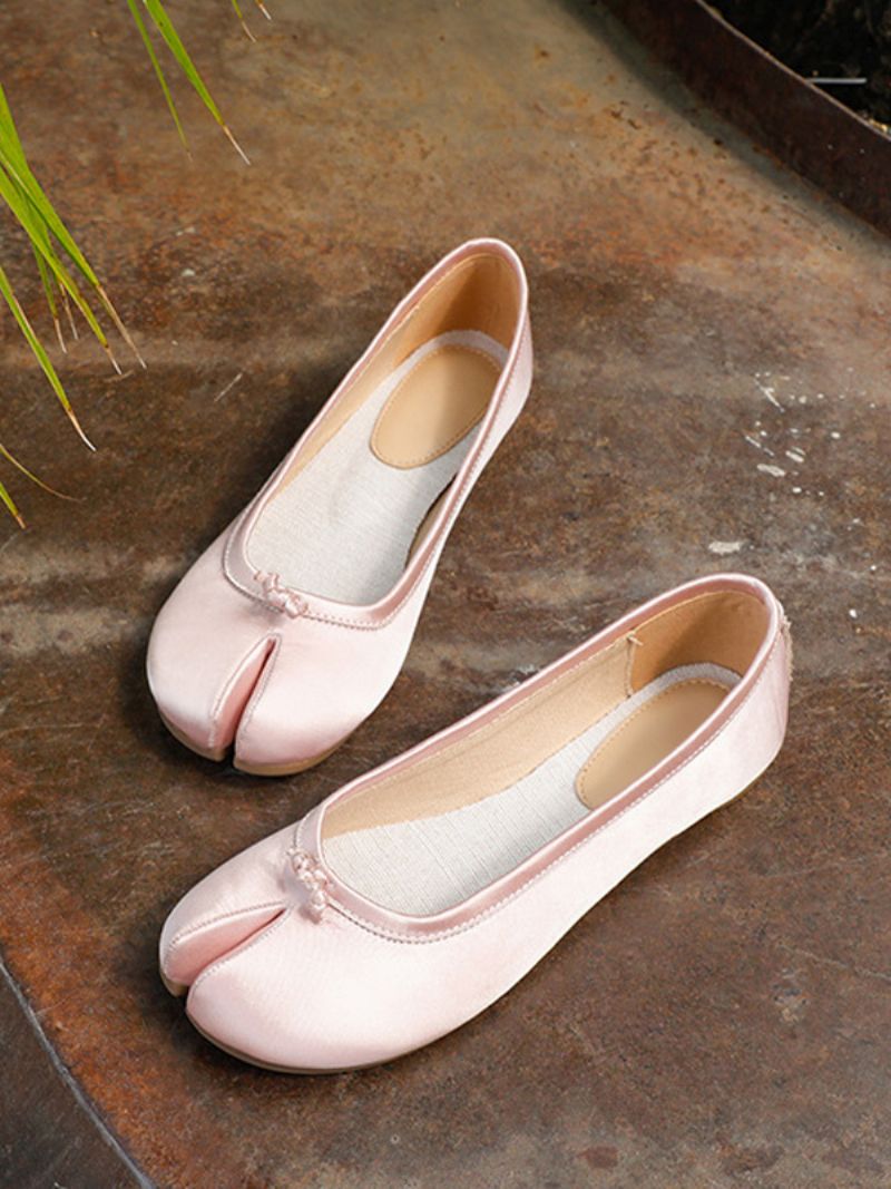 Kvinnors Rosa Ballerina Platta Skor Delad Front Rund Toe Satin Balett