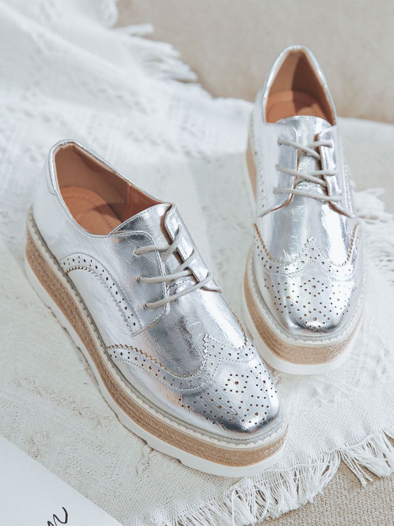 Kvinnors Runda Plattform Pu-läder Oxfords - Silver