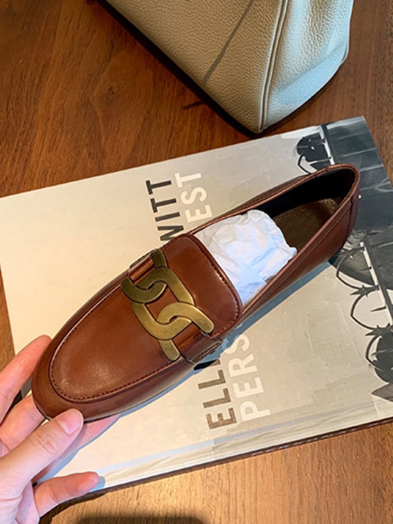 Kvinnors Slip-on Loafers Vita Runda Tå Platta Skor - Kaffe Brun